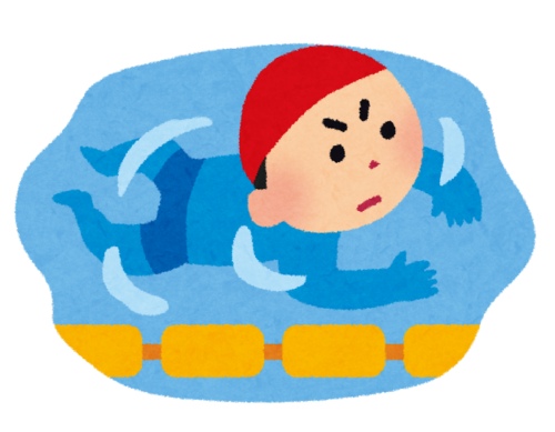 プールで一生懸命平泳ぎで泳いでいる男の子のイラストです。