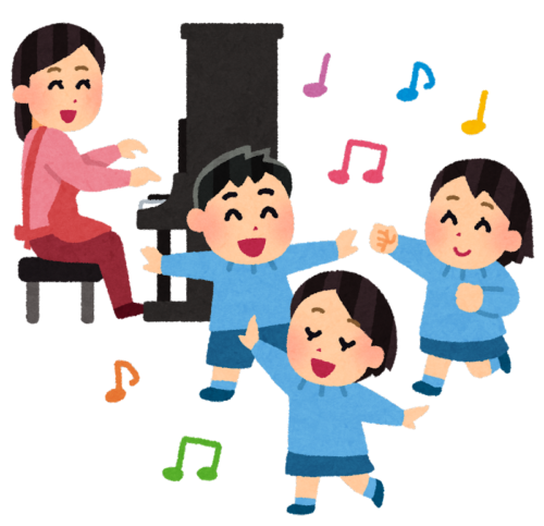 保育士のピアノにあわせて楽しそうに踊っている、水色の制服を着た幼稚園（保育園）の子供たちのイラストです。