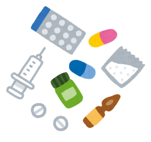 カプセル、粉薬、注射器、アンプル剤、錠剤などいろいろな医薬品のイラストです。