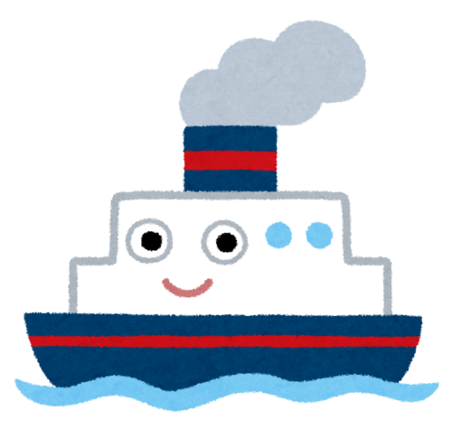 煙突から煙を出して進む、海に浮かぶ船のキャラクターです。
