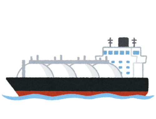 天然ガスを運ぶための大きなタンクを搭載した船のイラストです。